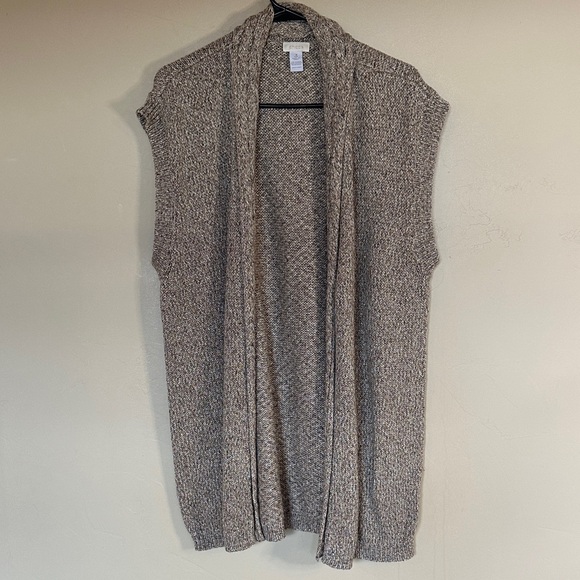 Chico's knit sleeveless cardigan vest duster Brown Cream black Open front XL 16 - Picture 2 of 13